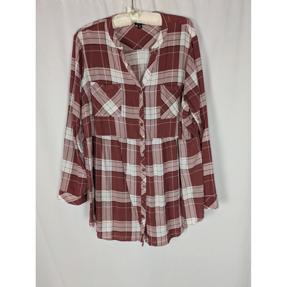 Torrid Burgundy Plaid Babydoll Button Front Roll Tab Sleeve Tunic Blouse 3 3X
